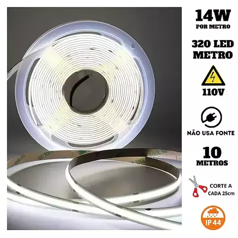 10m Fita Led Cob 320 Led/m Ip44 Direta Na Energia P Perfil Luz Branco-frio 6.000k Tensão De Operação 110v ou 220v