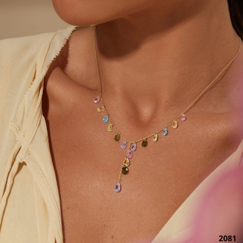 Colar Gravatinha com Zircônias Coloridas Banhado a Ouro 18K Semijoia