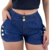 Short Jeans Feminino Cintura Alta Botões Laterais com Lycra