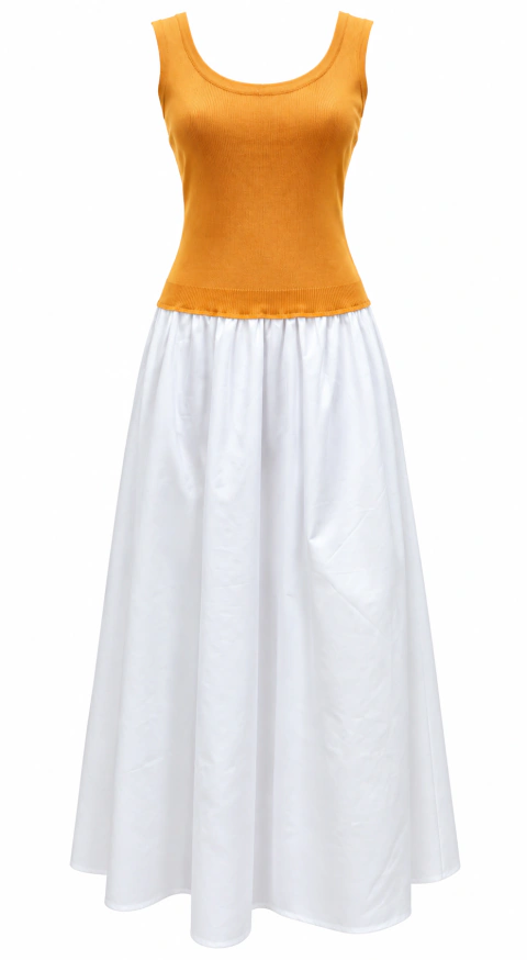 Vestido Longo Bicolor Mostarda e Branco-Marca Mamo