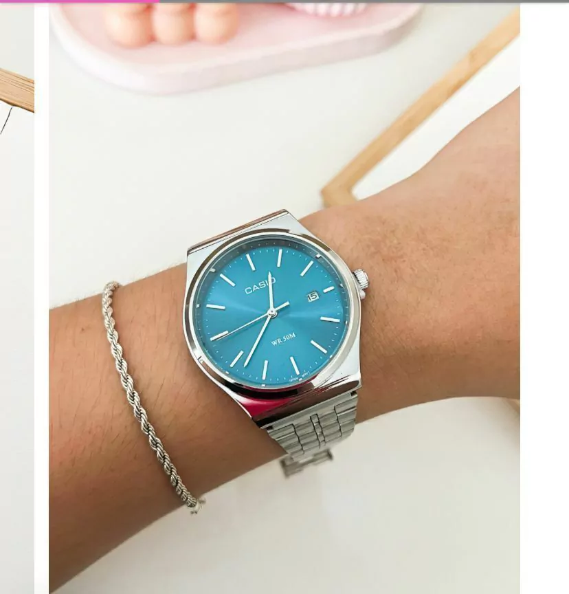 Relógio Casio analógico redondo prata fundo azul - 1ª linha premium