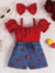 Top De Hombro Frío Con Borde De Volantes Para Bebé Niña Y Pantalones Cortos De Bordados Con Lazo Y Diadema.