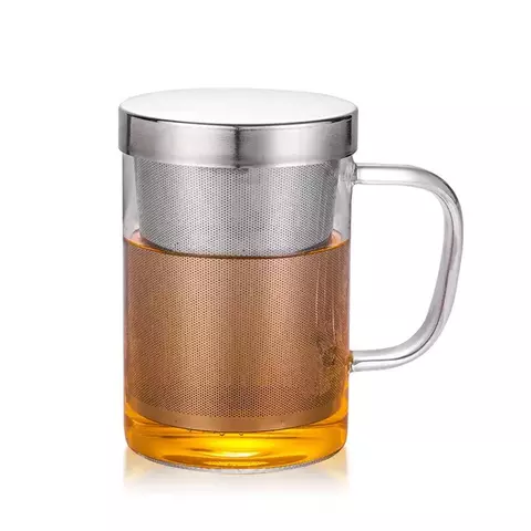 Copo Caneca Vidro com Infusor chá e Tampa Inox 400ml - comprar online