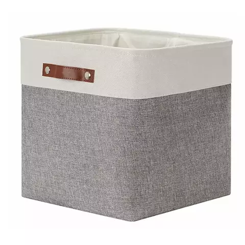 01 Cesto Organizador De Tecido Linho Dobrável Cinza Quadrado Alça Couro (33x33x33) - comprar online