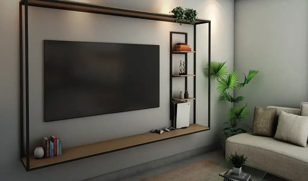 Painel para TV em Aço e Madeira com Três Prateleiras