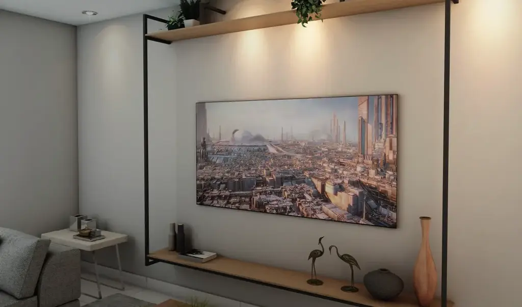 Painel para TV em Aço e Madeira com Prateleira Superior e Inferior
