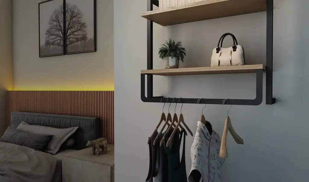 Organizador de Parede em Aço e Madeira com Barra para Cabides