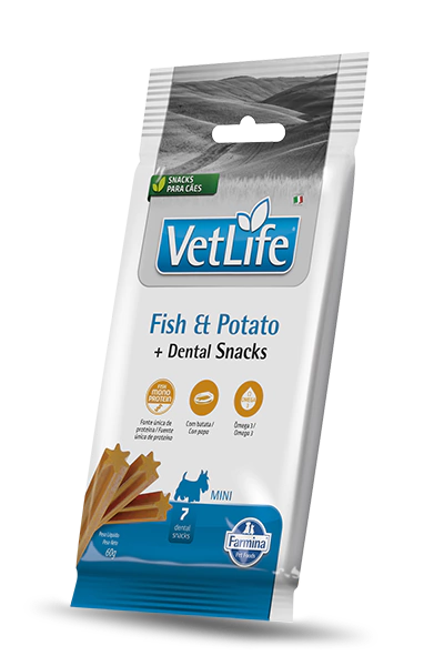 PETISCO DENTAL VETLIFE SNACK FISH POTATO CÃES ADULTOS MINI 60G