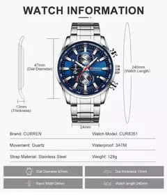Curren-relógio de pulso masculino de quartzo, esportivo, à prova d`água - Celebrar Shop