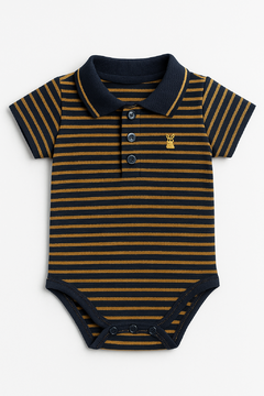 Body Polo Infantil Listrado Marinho e Mostarda