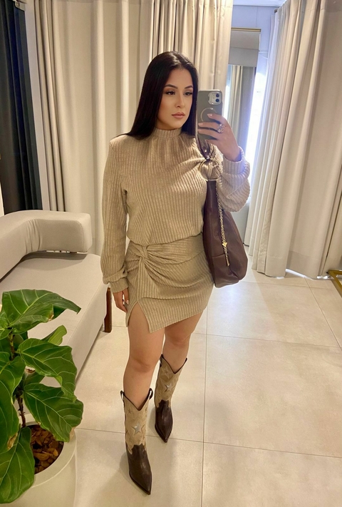 VESTIDO GOLA ALTA MANGA LONGA NUDE