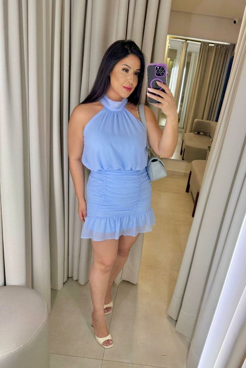 VESTIDO CURTO AZUL FRANZIDO DECOTE HALTER