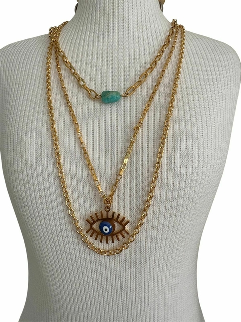Colar Triplo com Olho Grego com Pedra Azul aço inoxidável dourado