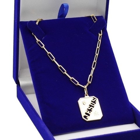 Corrente Prata 925 Banhada ouro 18k Elo alongado + Placa JC