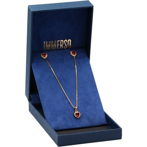 Conjunto Feminino De Prata Banhada A Ouro Coração Vermelha