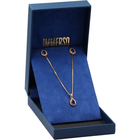 Conjunto Feminino De Prata Banhada A Ouro 18k Gota Azul