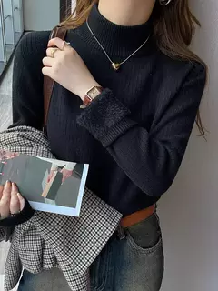 Imagem do Camisola de gola alta feminina inverno 2025 retro vermelho com forro de veludo e