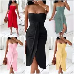 Mulheres sexy sem alças sem alças sólido midi vestido novo verão bandeau ruc - Vs-shop