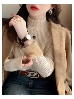 Camisola de gola alta feminina inverno 2025 retro vermelho com forro de veludo e