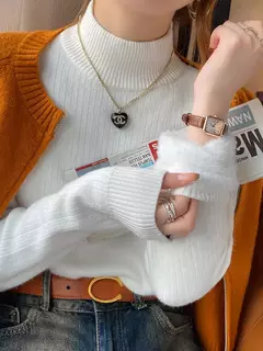 Camisola de gola alta feminina inverno 2025 retro vermelho com forro de veludo e - comprar online