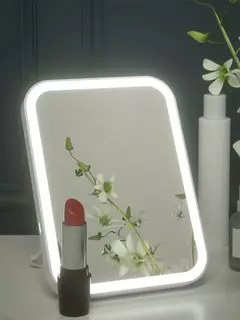 Espelho de maquiagem portátil para dormitório de mesa LED com luz, espelho dob