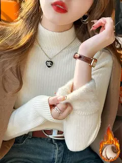 Camisola de gola alta feminina inverno 2025 retro vermelho com forro de veludo e