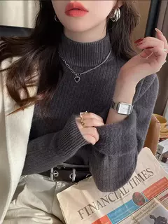 Camisola de gola alta feminina inverno 2025 retro vermelho com forro de veludo e