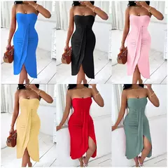 Mulheres sexy sem alças sem alças sólido midi vestido novo verão bandeau ruc