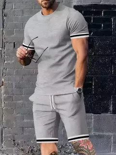 Conjunto de duas peças para homens, mangas curtas, gola redonda, salão europeu