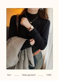 Imagem do Camisola de gola alta feminina inverno 2025 retro vermelho com forro de veludo e