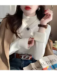Camisola de gola alta feminina inverno 2025 retro vermelho com forro de veludo e na internet