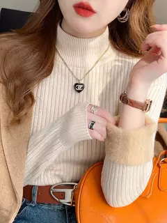 Camisola de gola alta feminina inverno 2025 retro vermelho com forro de veludo e - loja online