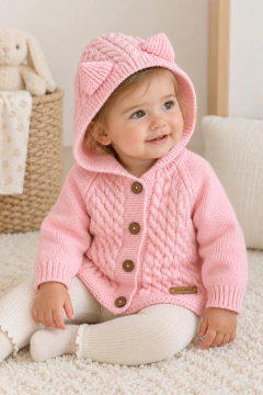 Campera tejida con orejitas rosa