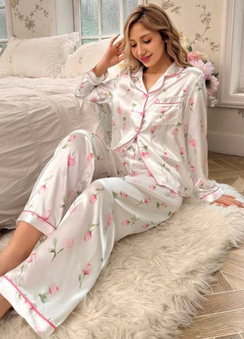 Pijama camisero + pantalon flowers - comprar online
