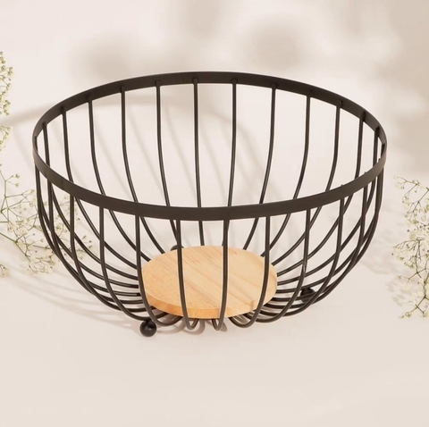 Frutera metálica con base bambú