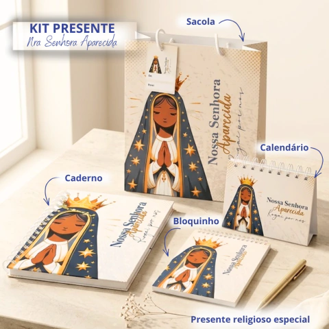 Kit Presente Nossa Senhora Aparecida | Caderno A5 + Bloquinho + Sacolinha + Calendário | Religioso