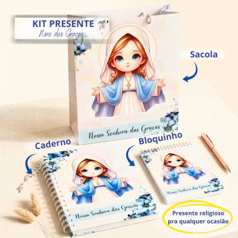 Kit Presente Nossa Senhora das Graças | Caderno A5 + Bloquinho A6 + Sacolinha | Religioso
