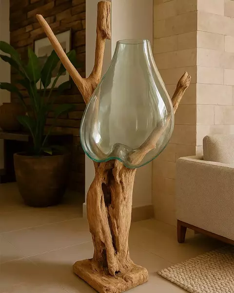 Vaso de vidro com escultura de madeira natural II - comprar online
