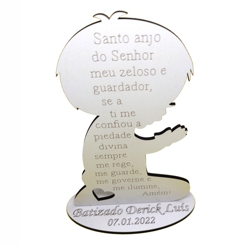 10 Lembrancinha oração santo anjo menino em mdf branco, 15cm