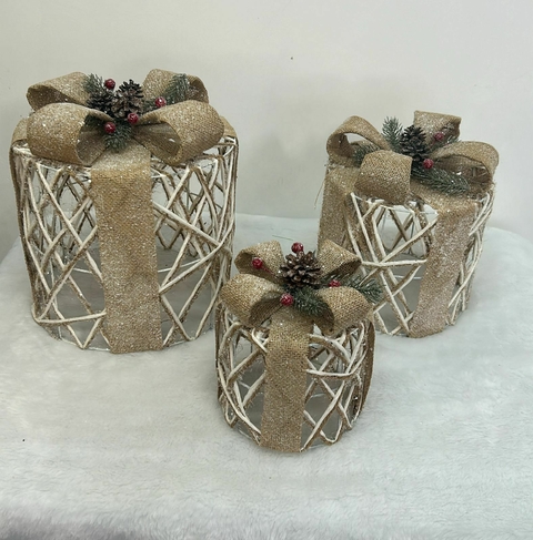 Caixas presente decorativa redondas branca e natural com 3 pçs Cód. 1734 - comprar online