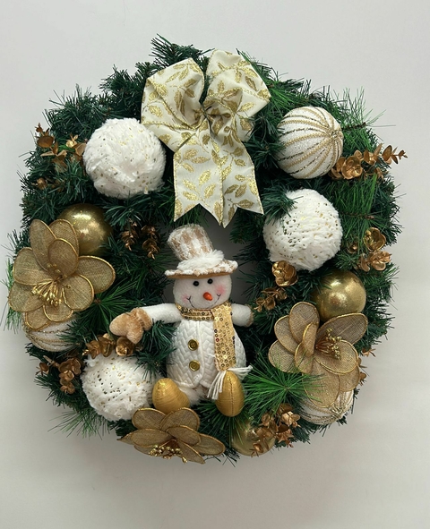 Guirlanda de Natal branca e dourada com boneco de neve 60cm Cód. 2013 - comprar online