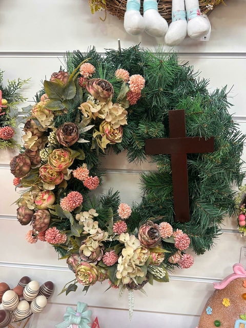 Guirlanda com crucifixo e flores verdes outonadas 60cm Cód. 2131