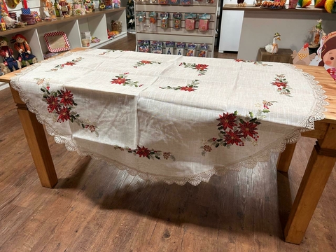 Toalha de mesa redonda crua com bordado vermelho 1,80m Cód. 27616 - comprar online