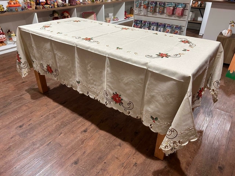 Toalha de mesa retangular crua bordada vermelho 2,70x1,80m Cód. 33957 - comprar online