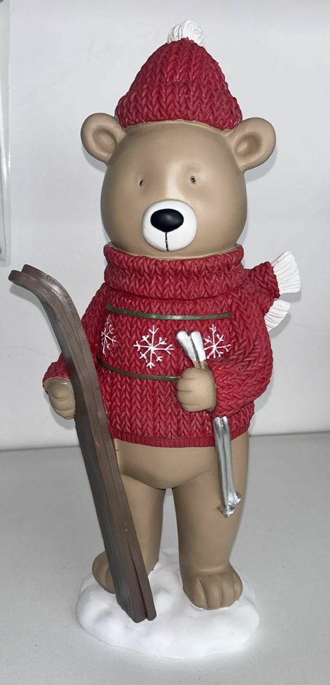 Urso vermelho com esqui em resina 40cm Cód. 56823001