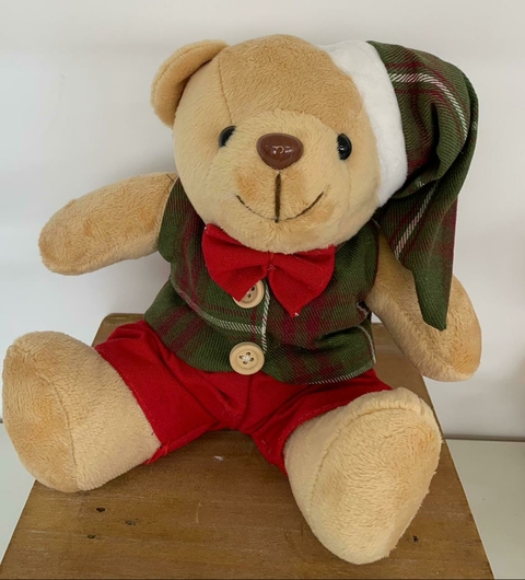 Ursinho de pelúcia com roupa xadrez verde vermelho 20cm Cód. BT3191