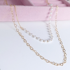 Colar duplo folheado a ouro 18k pérolas e mini corações - REF378