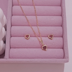 Conjunto folheado a ouro coração rosa - REF 463