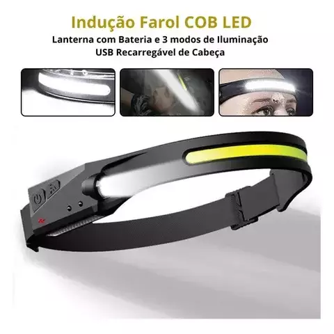 Farol de sensor LED com bateria embutida, USB recarregável, luz de trabalho, lâmpada principal, tocha super brilhante