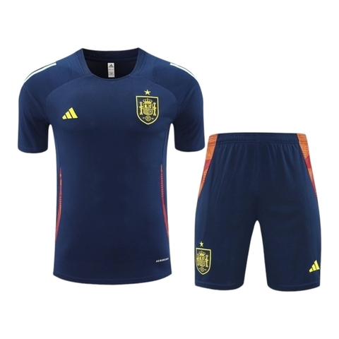 Kit Treino adulto - Camisa e Shorts - Seleção Espanha Adidas 24/25 - Azul com detalhes em vermelho e laranja